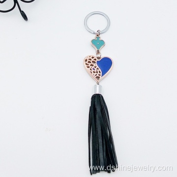 Gold Oil Heart Shape PU Leather Tassel Keychain Wholesale